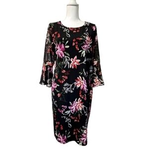 Sandra Darren Womens Black Floral 3/4 Butterfly Sleeve A-Line Dress Large